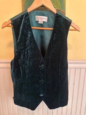 Liz Claiborne Green Velvet Button-Up Vest With Adjustable Back Tie Sz 10